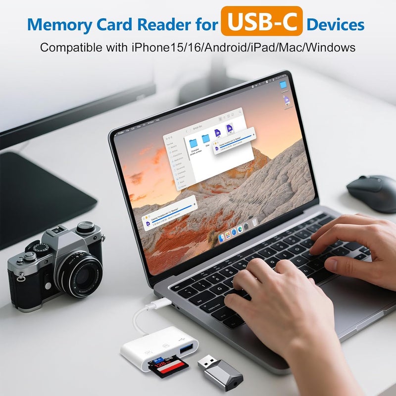 ADRUDY قارئ بطاقة SD USB C، قارئ بطاقة SD لجهاز iPhone 15 16 iPad/Mac/أجهزة Android، قارئ بطاقة ذاكرة 3 في 1 مع SD/MicroSD ومنفذ USB، توصيل وتشغيل - Image 5